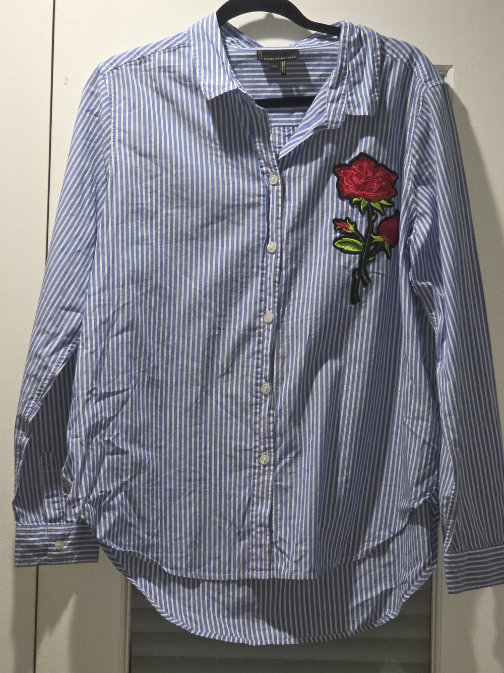 i jeans by Buffalo Blue & White Striped Button-Down with Red Rose Patch